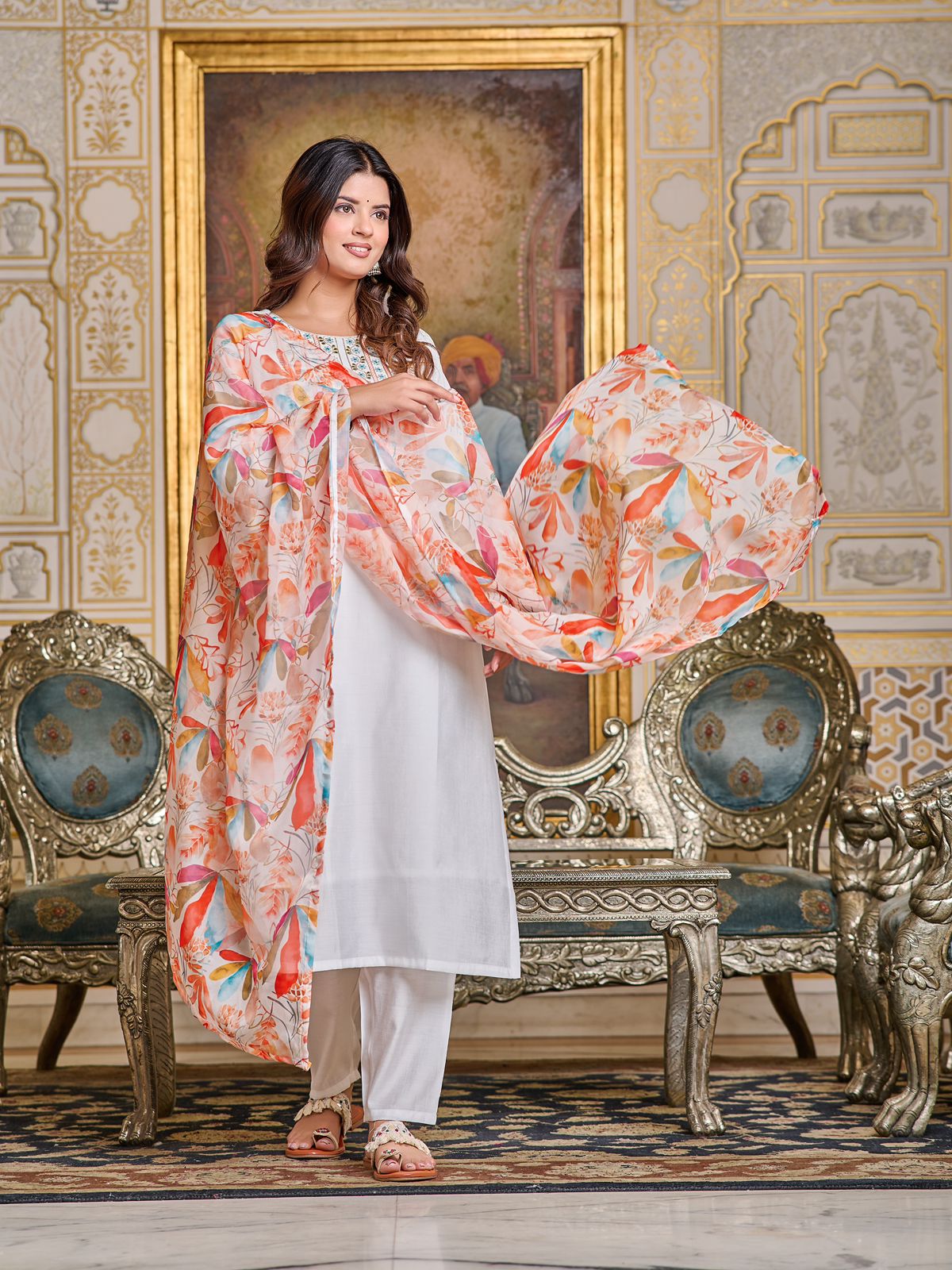 Women Chanderi  Kurta With Pant And Digital Print Dupata Set