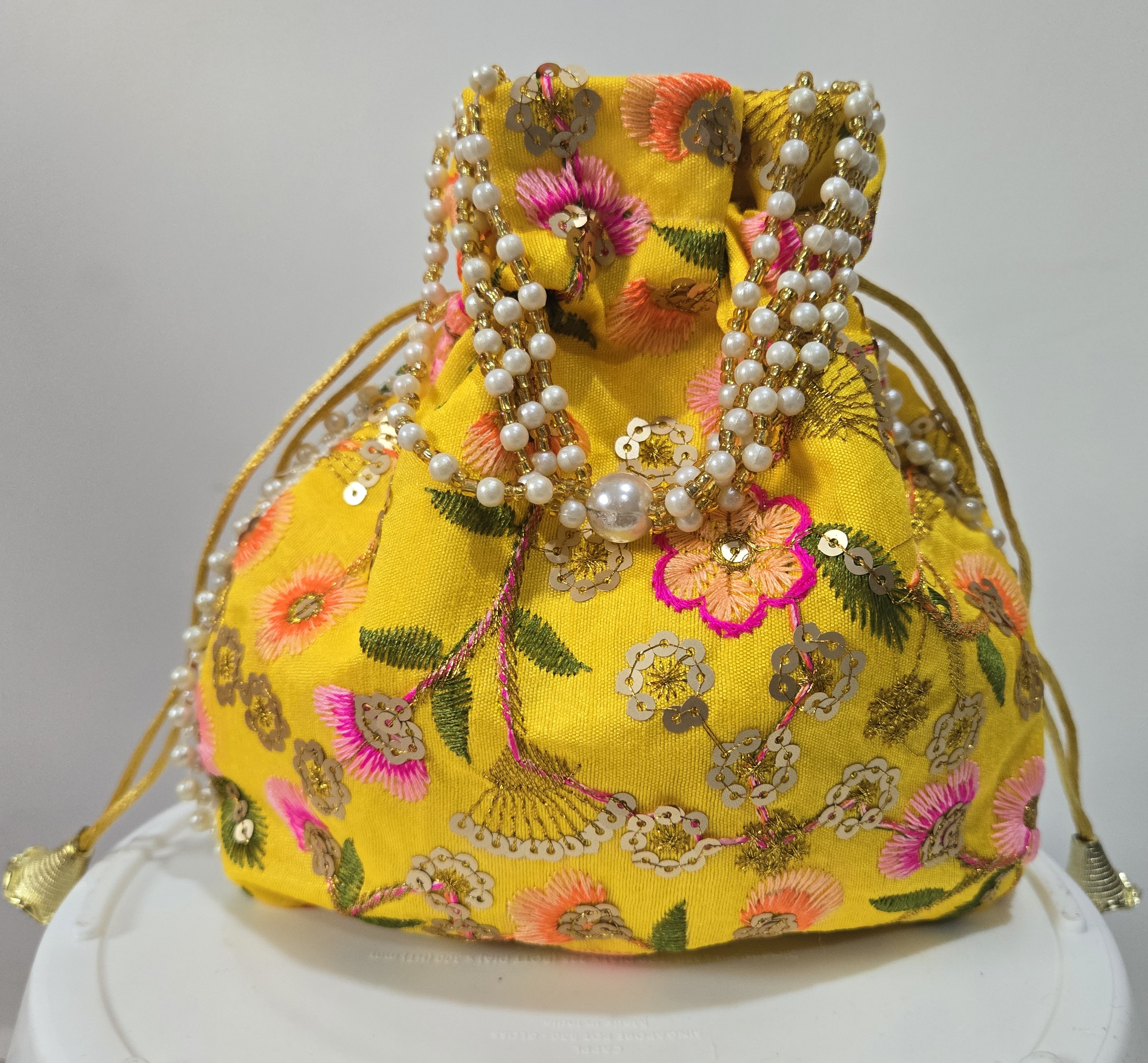 Yellow Traditional Embroidered Potli Clutch Bag For Girls