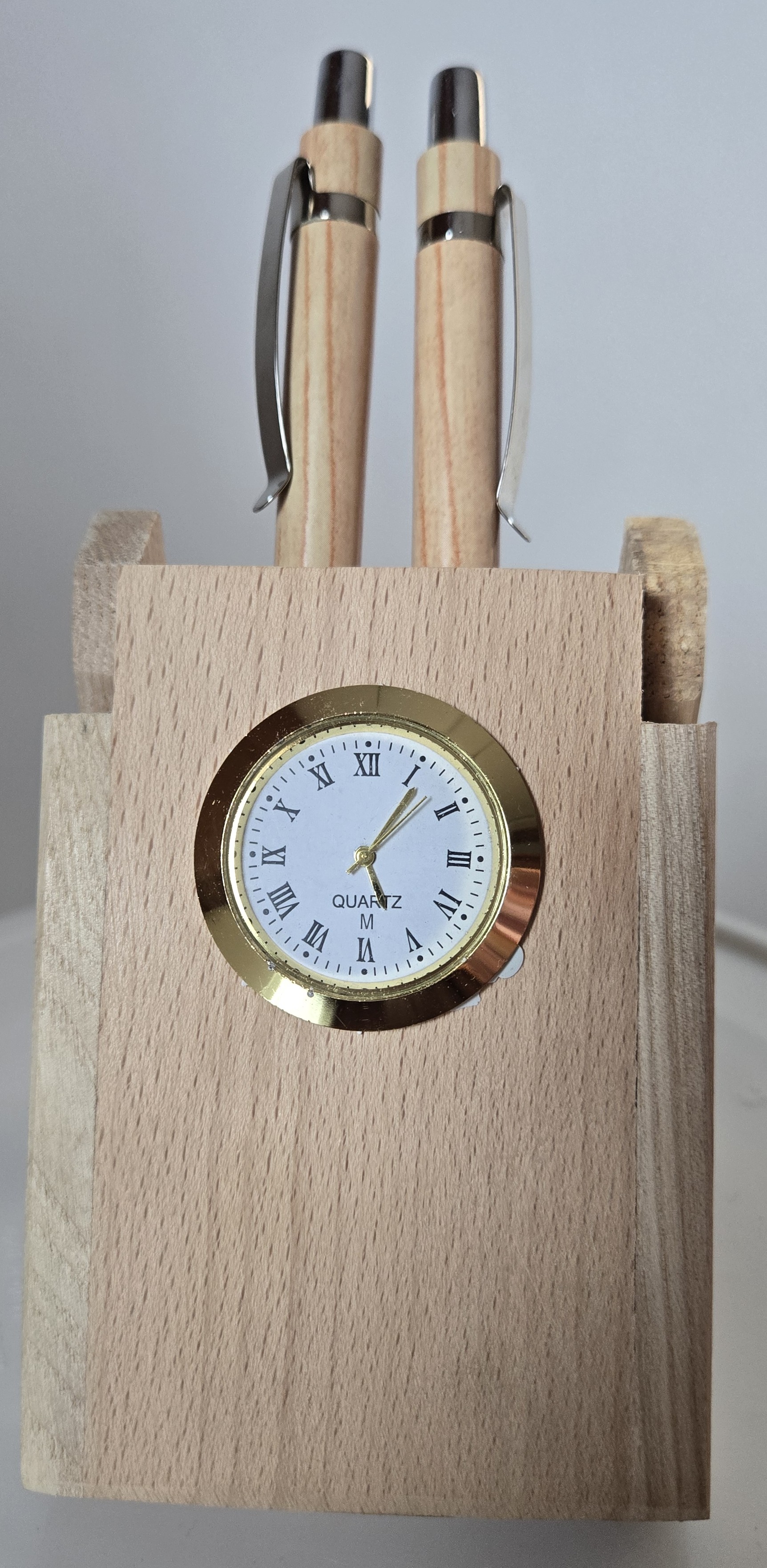 Wooden Pen Stand With 2 Pens & Clock For Office Table Decoration Item, Pen Stand For School Use