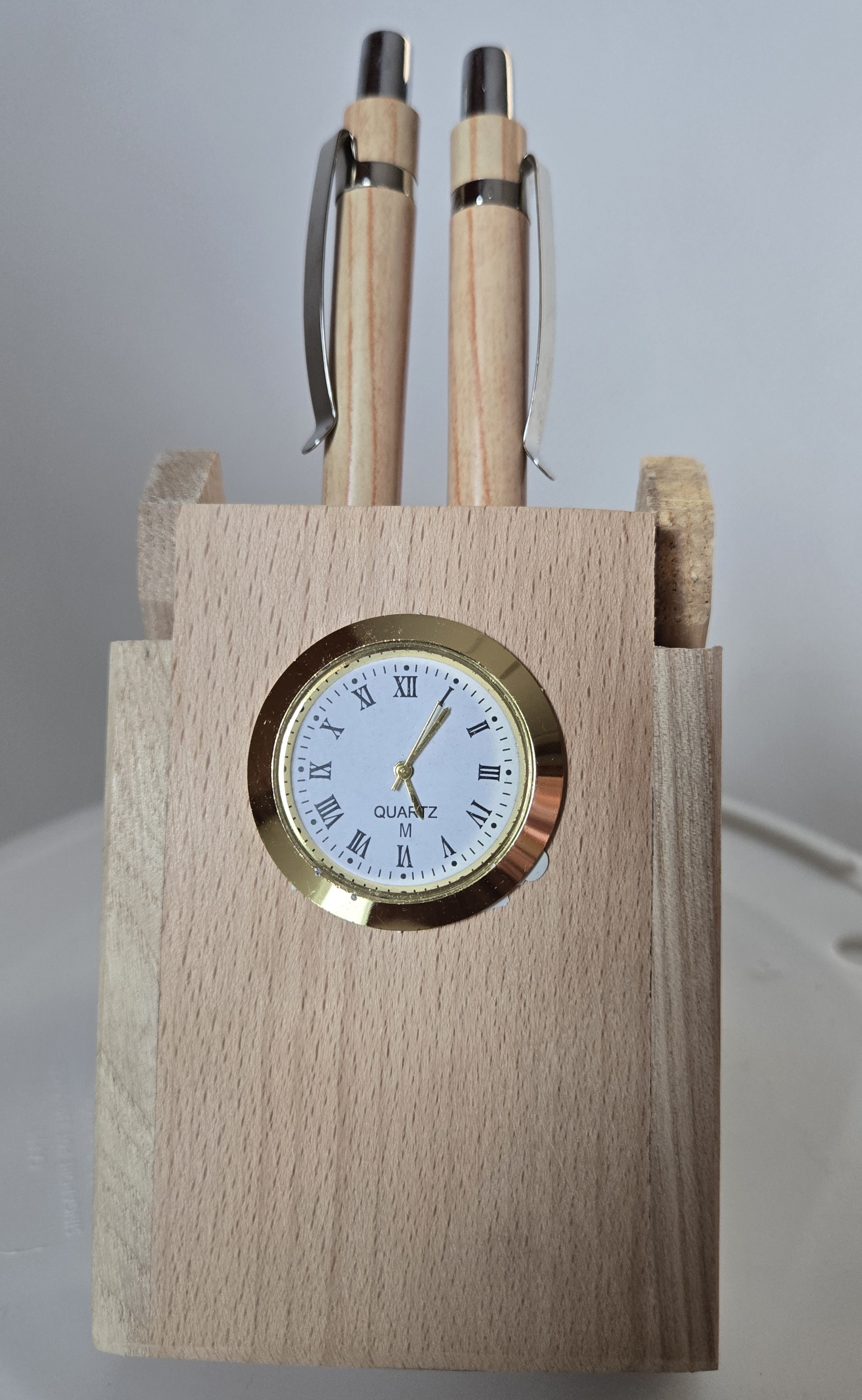 Wooden Pen Stand With 2 Pens & Clock For Office Table Decoration Item, Pen Stand For School Use