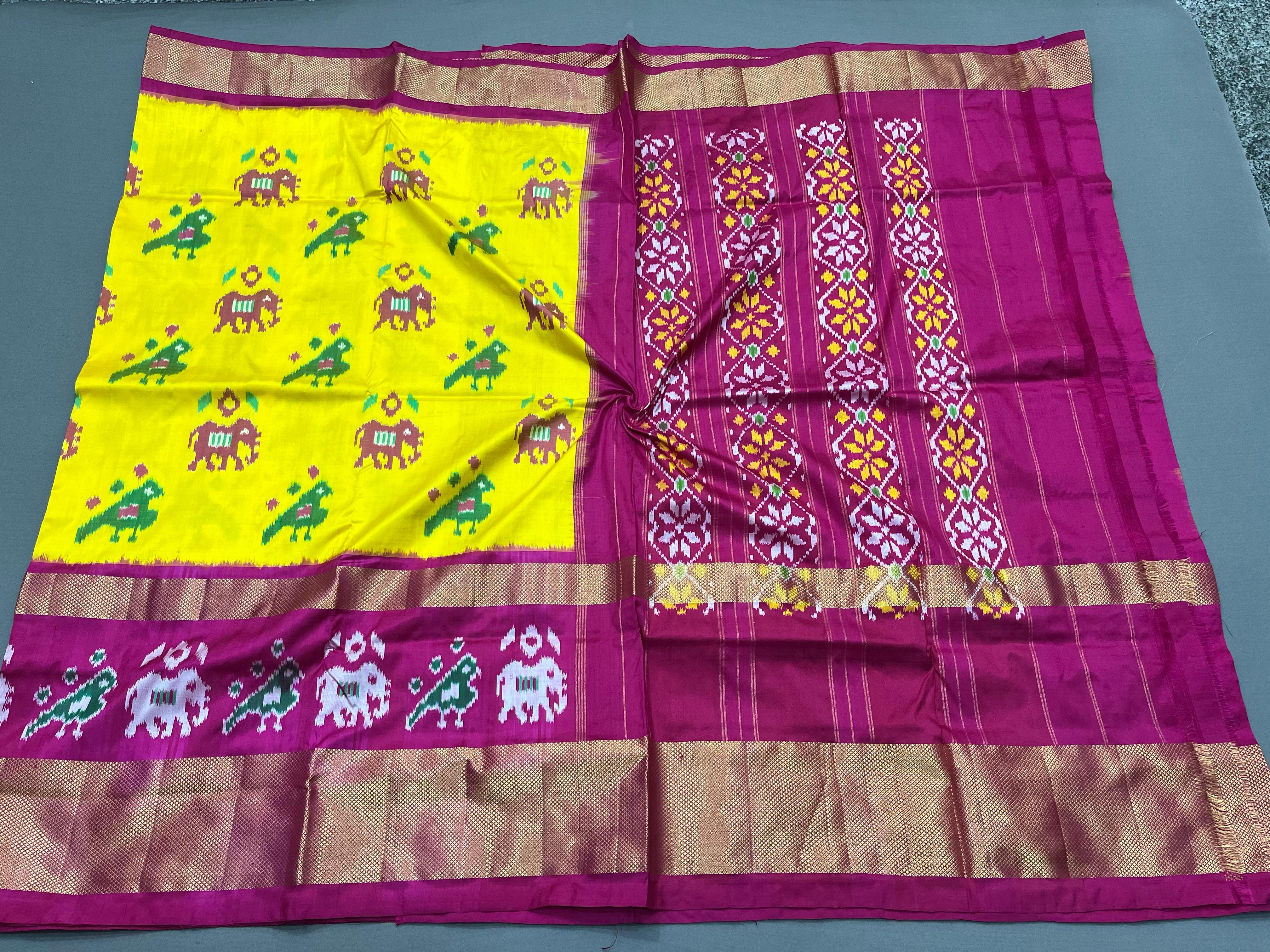 Gold Border - Lemon Yellow And Pink Special Design Ikkat Kadi Border Sarees