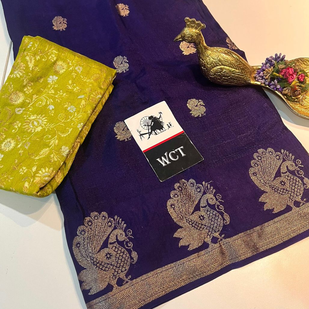 Khadi Georgette Purple Saree With Lime Green Blouse