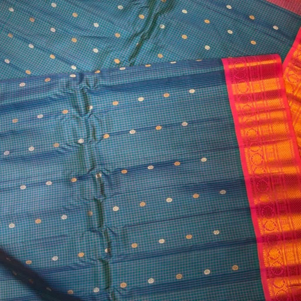 Teal Blue Gadwal Silk Saree With Vibrant Zari Detailing
