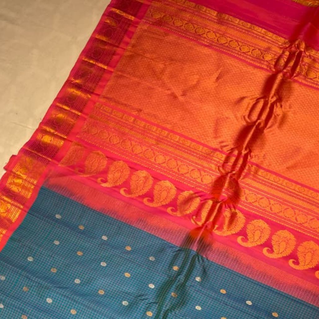 Teal Blue Gadwal Silk Saree With Vibrant Zari Detailing