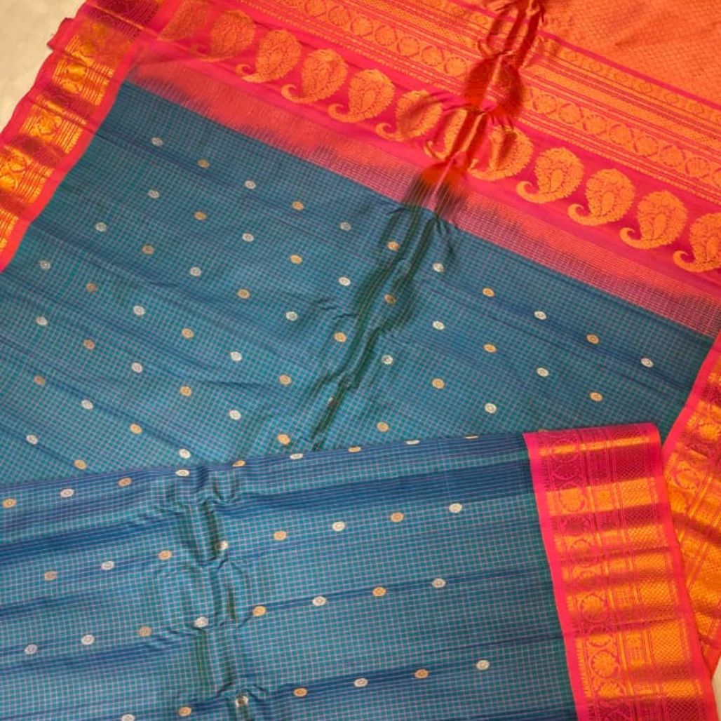 Teal Blue Gadwal Silk Saree With Vibrant Zari Detailing