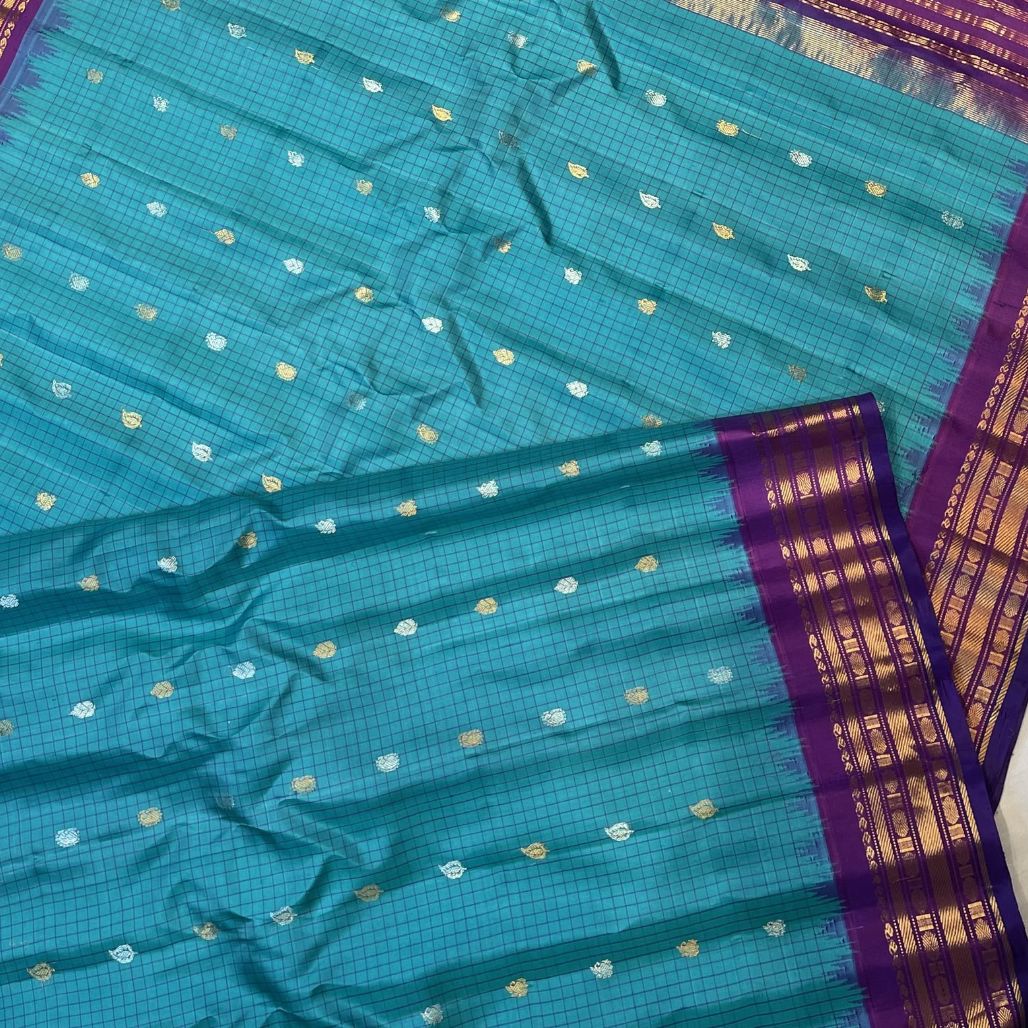 Teal Blue Gadwal Silk Saree With Pink-orange Zari Border
