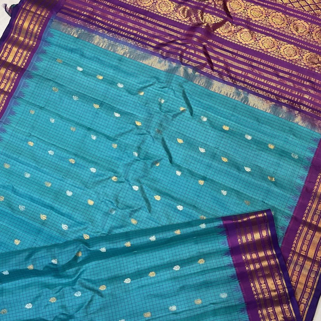 Teal Blue Gadwal Silk Saree With Pink-orange Zari Border