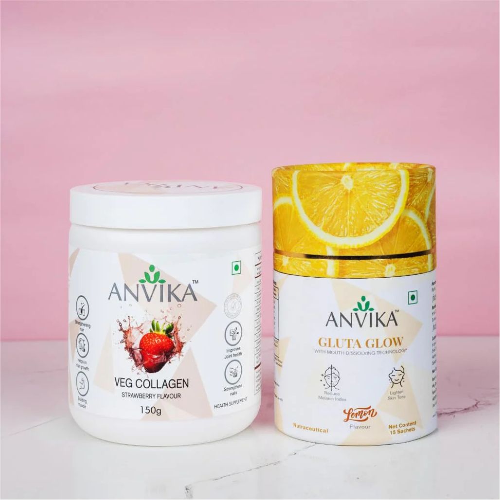 Veg Collagen Strawberry Flavor (150g), Gluta Glow Lemon Flavor (15 Sachets)combo
