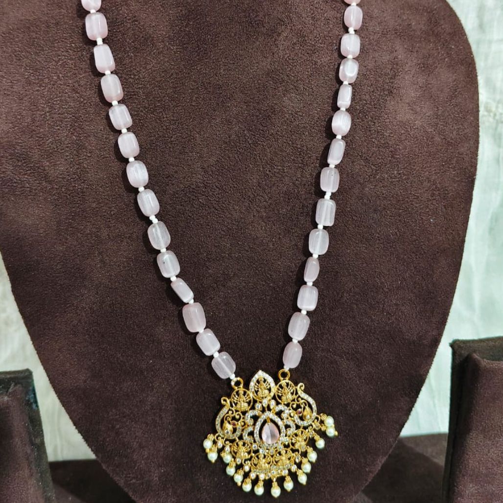 Pastel Pink Beaded Necklace With Ornate Gold Pendant