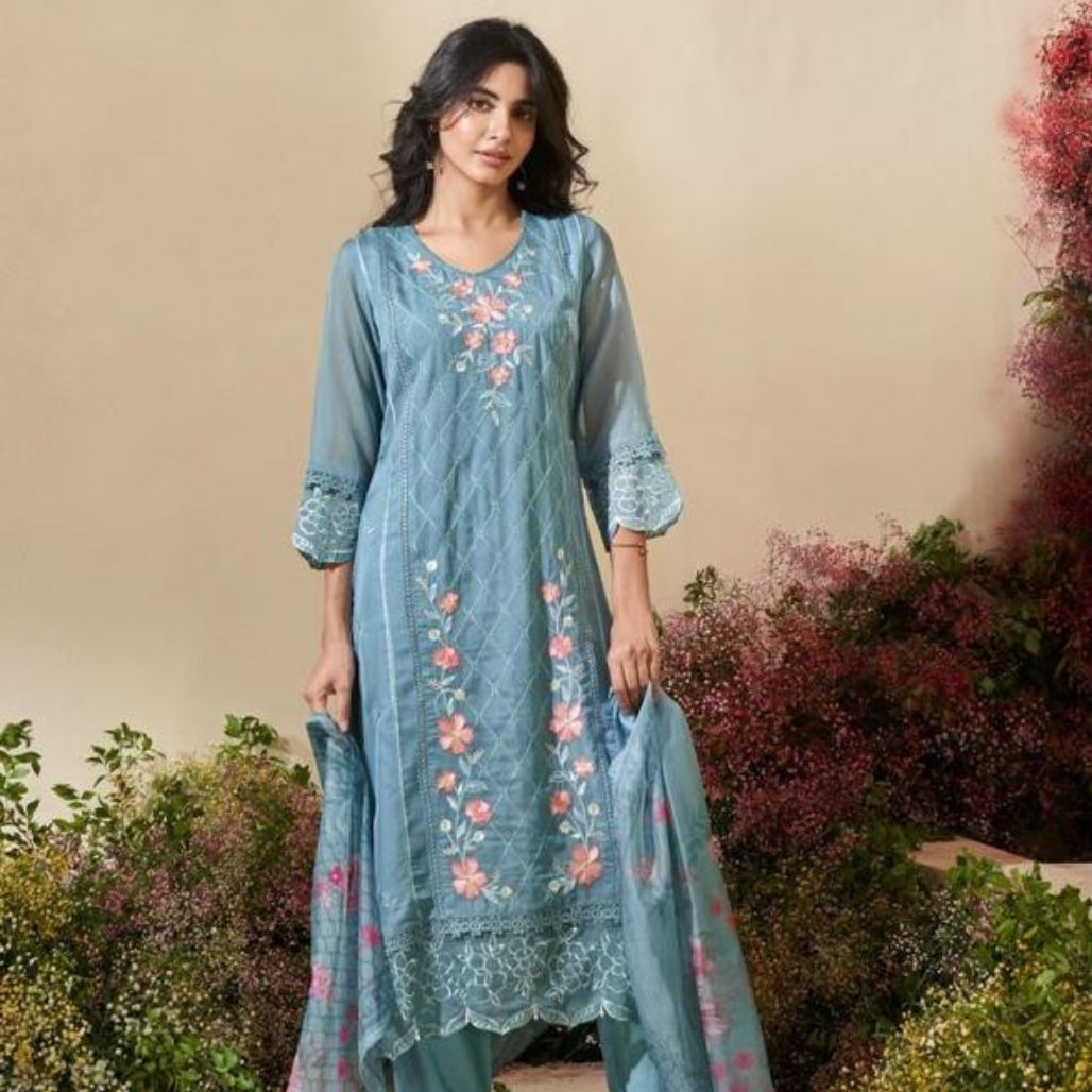  Serene Sky Blue Embroidered Kurta Set