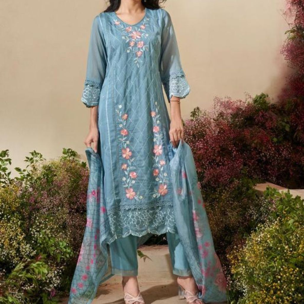 Serene Sky Blue Embroidered Kurta Set