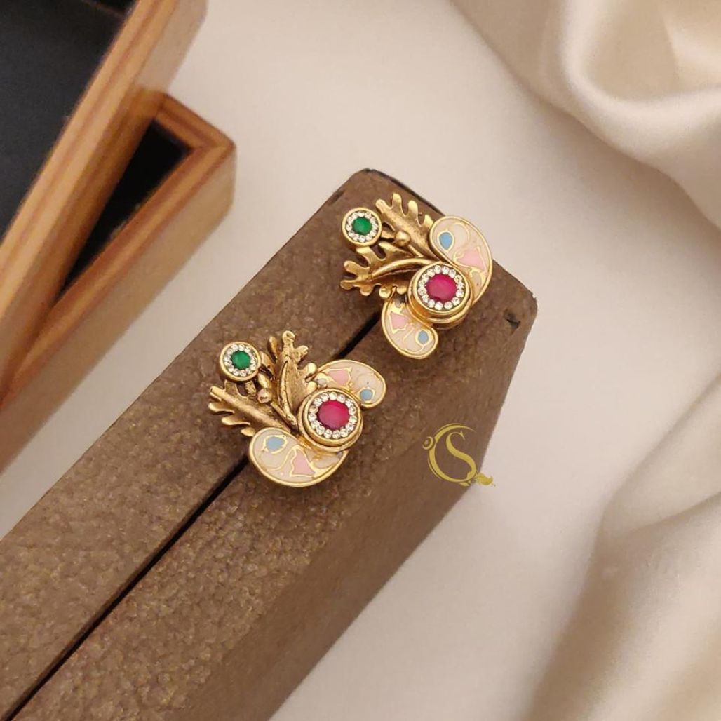 Multicolor Gemstone Gold Plated Earrings With Leaf Motif